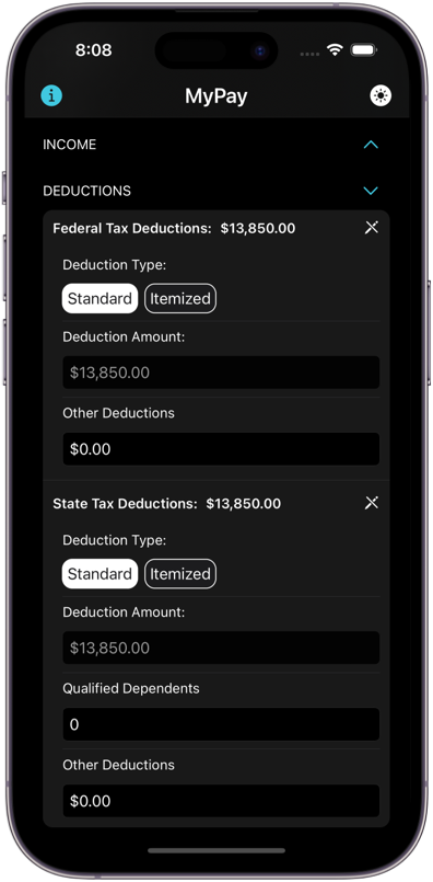 Screenshot of My Paycheck Calculator on an iPhone with deductions input
