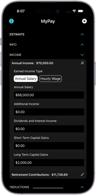 Screenshot of My Paycheck Calculator on an iPhone with income data input