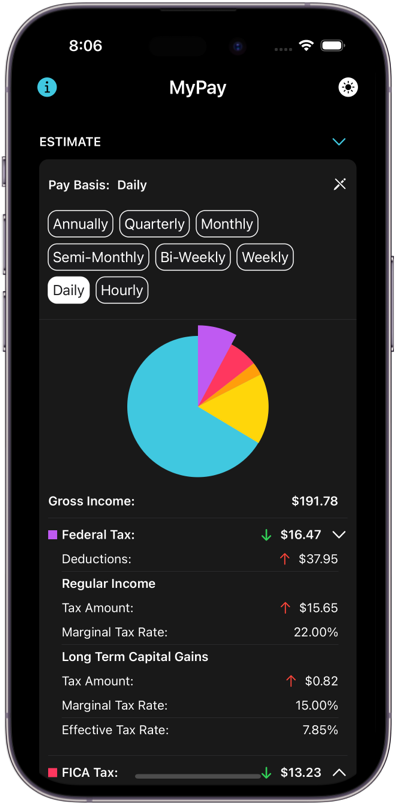 Screenshot of My Paycheck Calculator on an iPhone with paycheck pay basis input