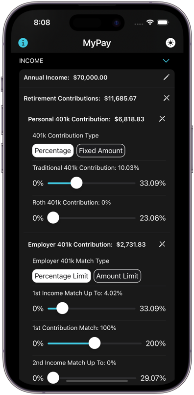 Screenshot of My Paycheck Calculator on an iPhone with retirement contribution input